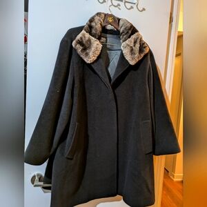 Cinzia Rocca Black Wool & Cashmere Coat with Silky Rex Fur Collar - Size L/XL